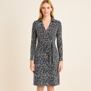 Ann Taylor Black White Green Faux Wrap Dress Long Sleeve Surplice V-Neck Size 4